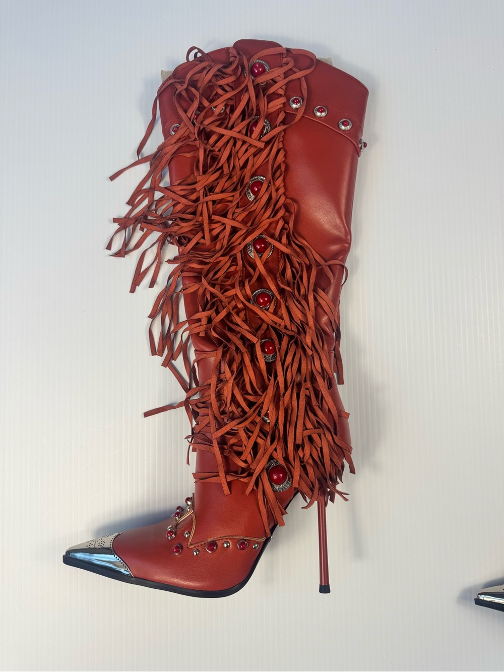 Azalea Wang Pelagiana Red Fringe Rhinestone Western Stiletto Boots NIB